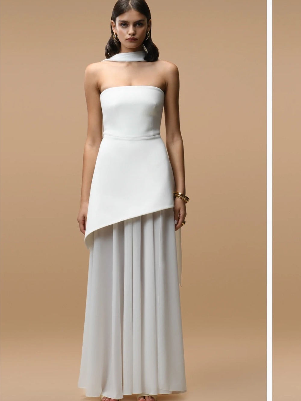 Strapless White Asymmetrical Overlay Gown